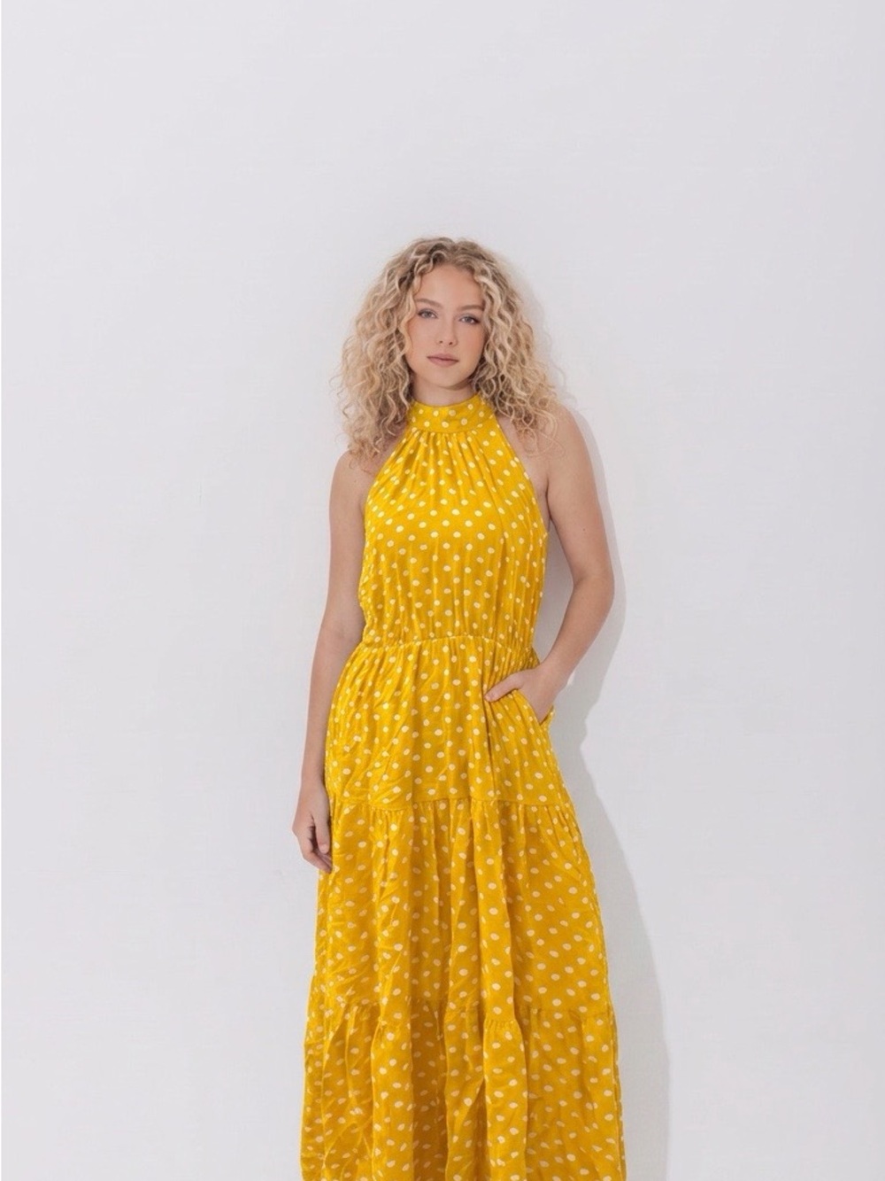 Sunshine Polka Dot Halter Maxi Dress - Yellow